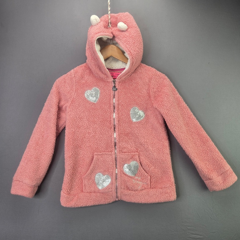 Betsey Johnson Sherpa Hoodie Girls L 12 Pink Sequin Heart Hood Full Zip Jacket